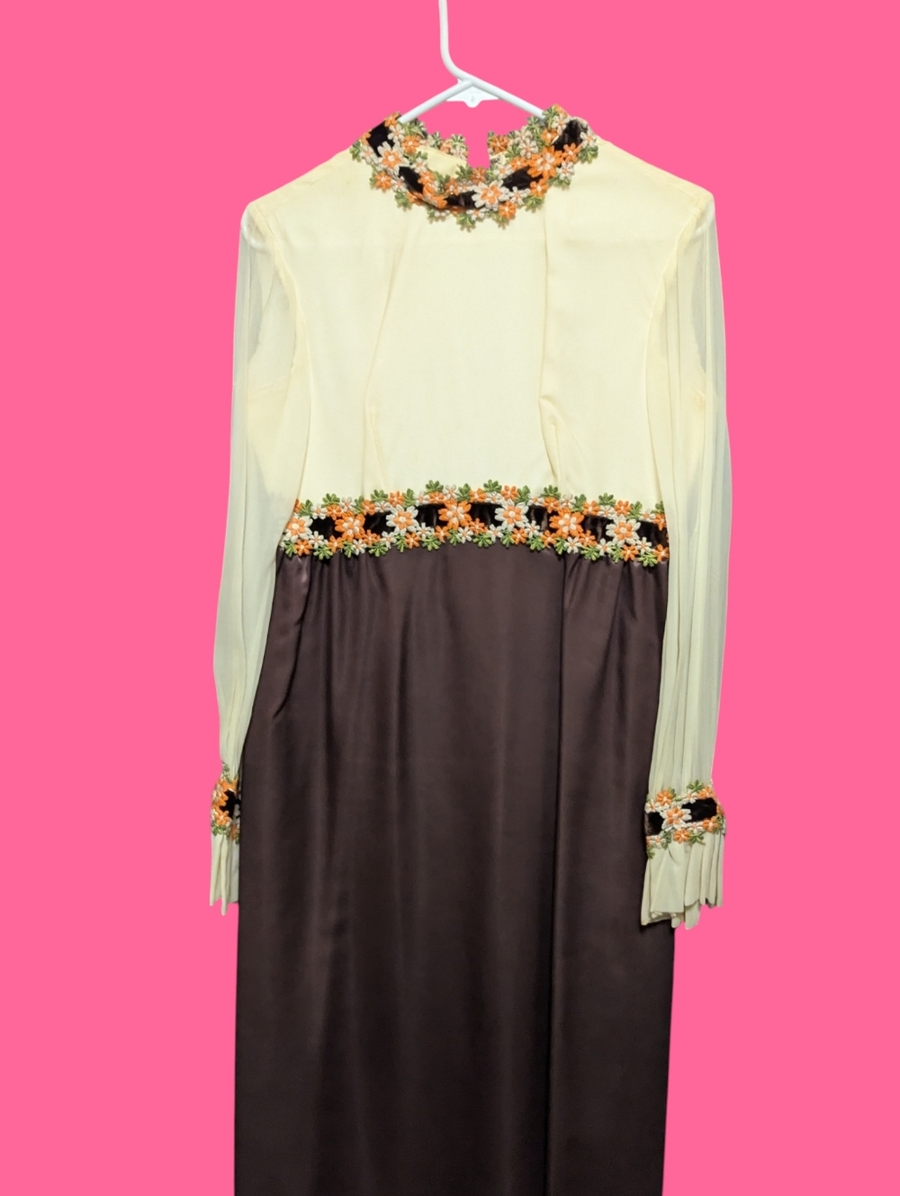 Vintage 60s/70s romantic Edwardian Maxi Dress Brocade Trim  size XL